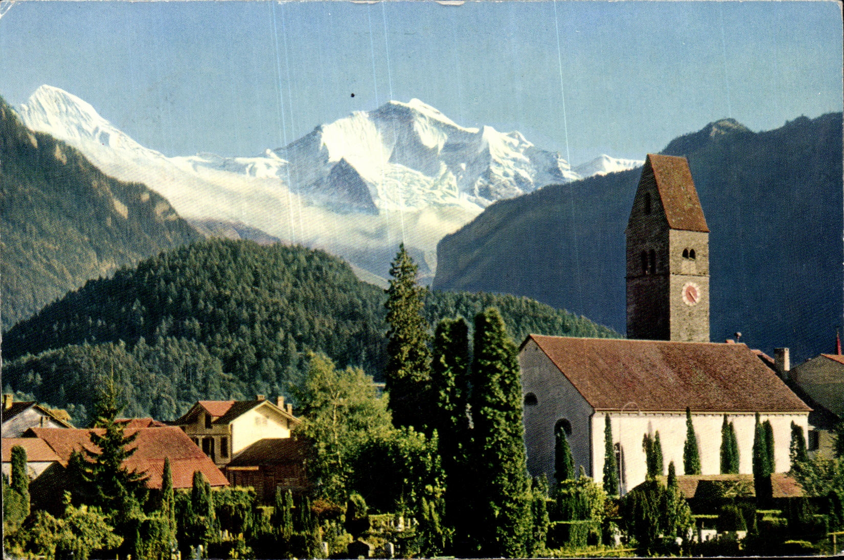 CPA Interlaken Kirche Unterseen put Monch und Jungfrau