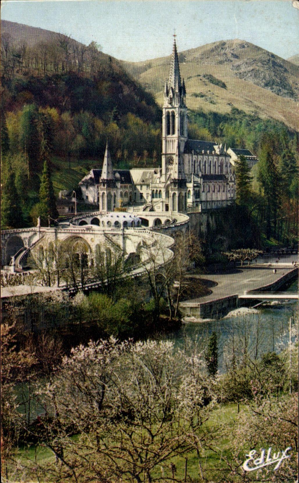 CPA Lourdes the Basilica Gave and the New Bridge inaugurates the pond March 25th 1966