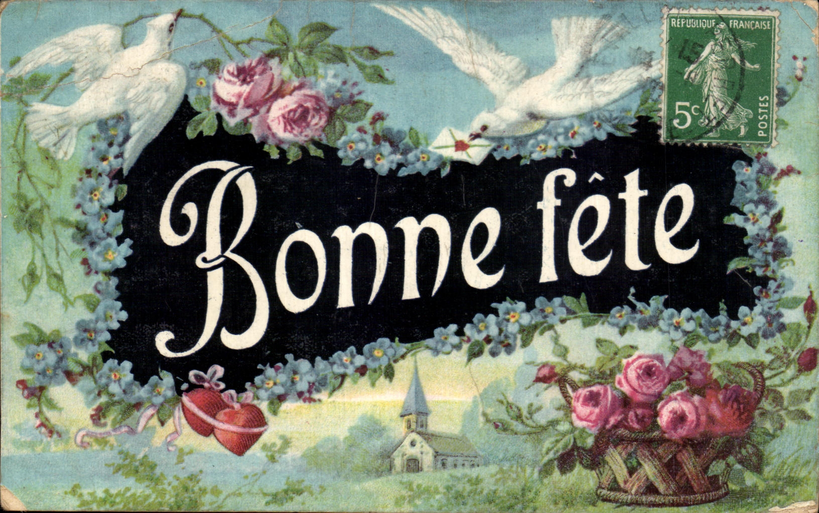 CPA Bonne celebra el corazon de las flores de las palomas