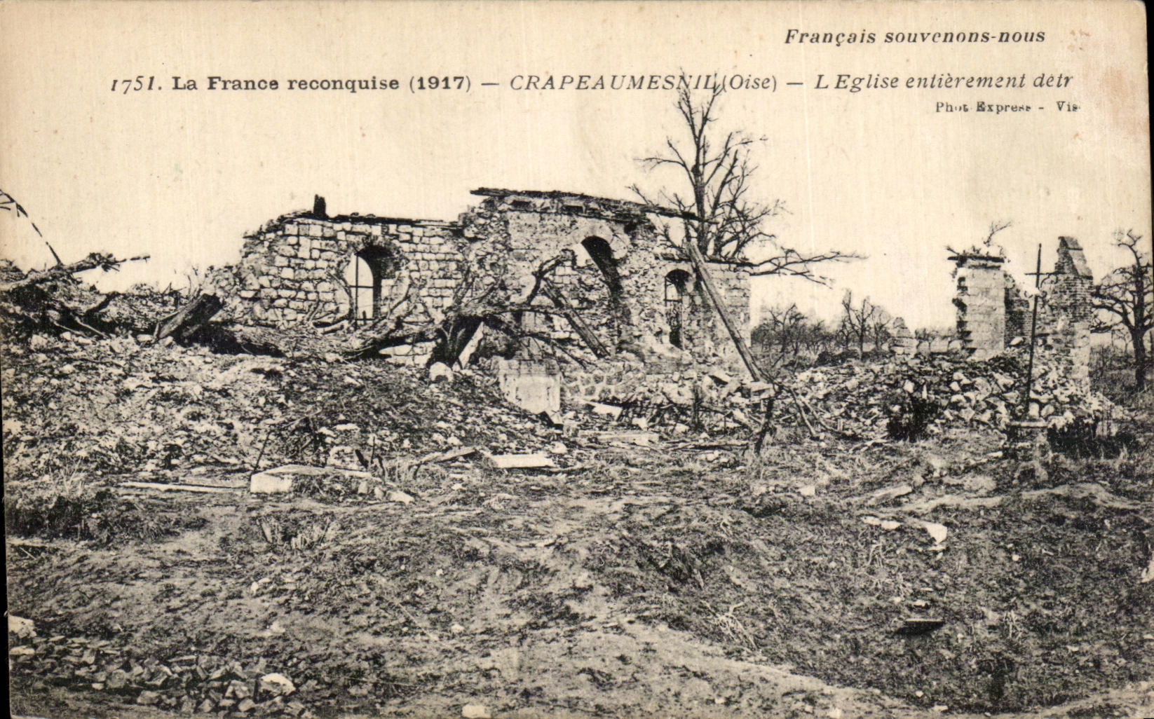 CPA Crapeaumesnil L Entirely destroyed Church Militaria