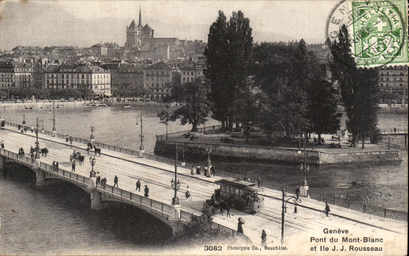 CPA Geneva Bridge of Mont Blanc and the J J Swiss Rousseau Tram