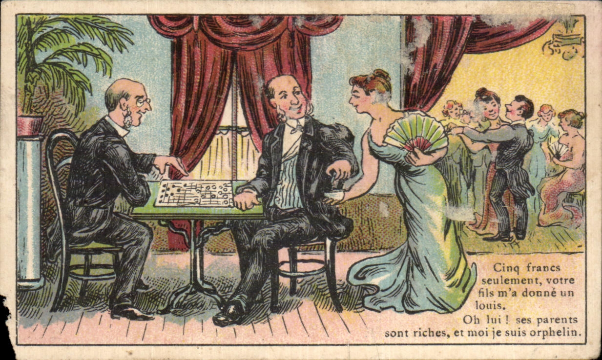 Chromo Cinq Francs seulement votre fils m'a donne un louis Femme Eventail Belle Jardiniere Beriot lille