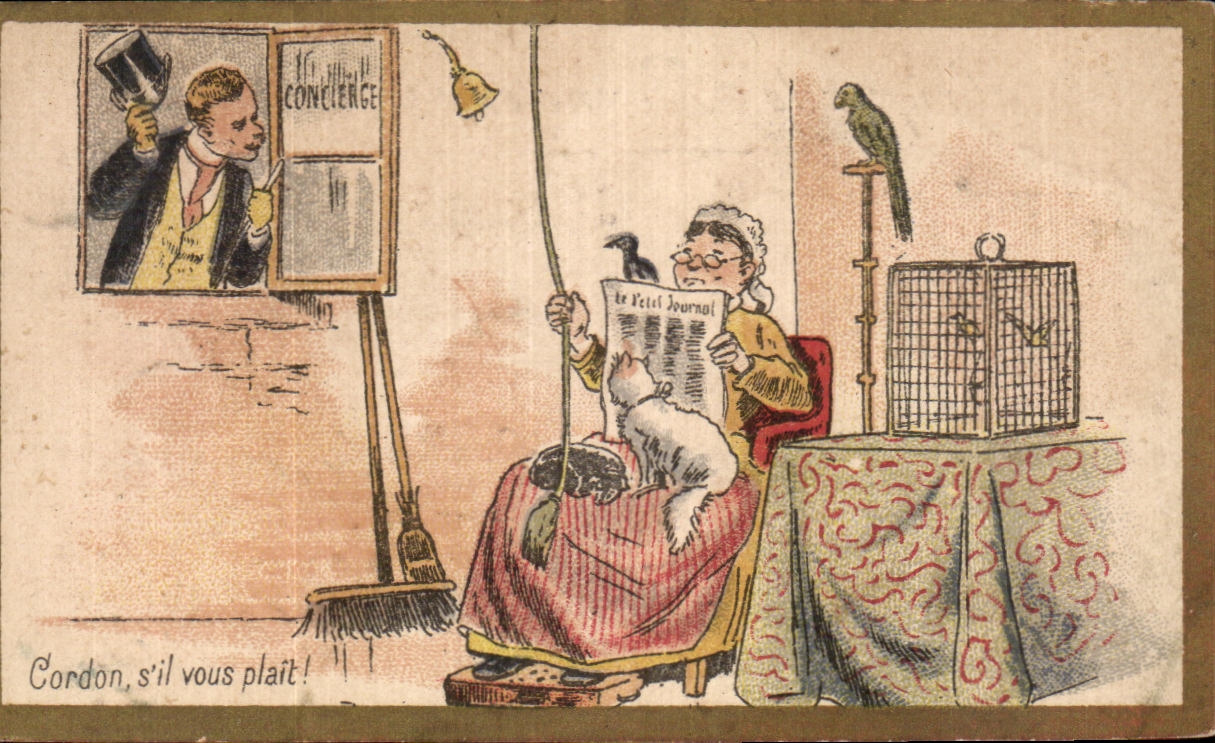 Chromo Cordon S'il Vous Plait A Francois les Bas bleus Ganterie Leduc Grand pere Chat Perroquet