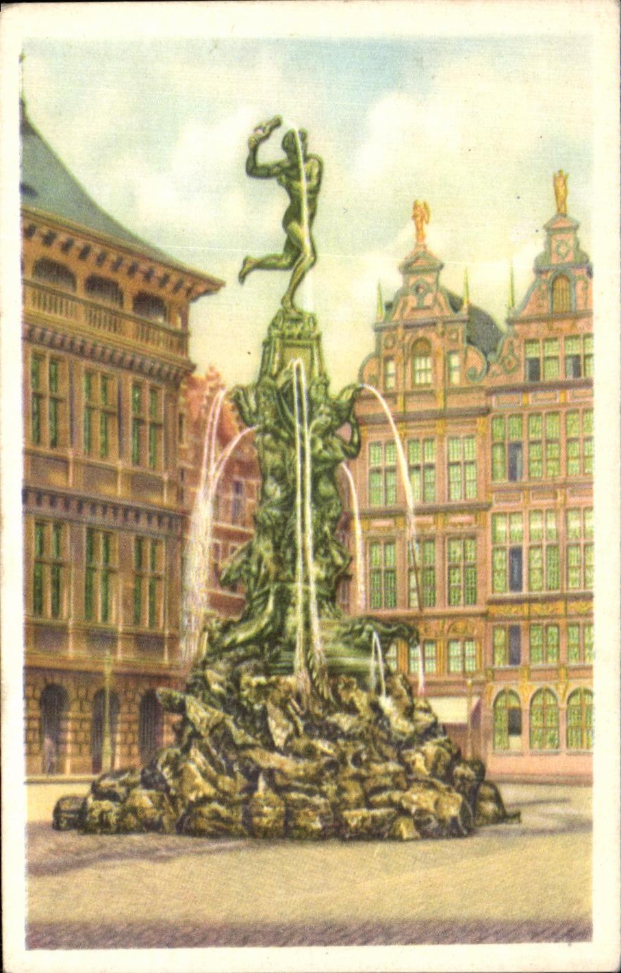 Belgian Image Folklore Dimensions of gold Antwerp Statue of Salvius Brabo throwing in the Scheldt the hand of the giant Druon Antigon