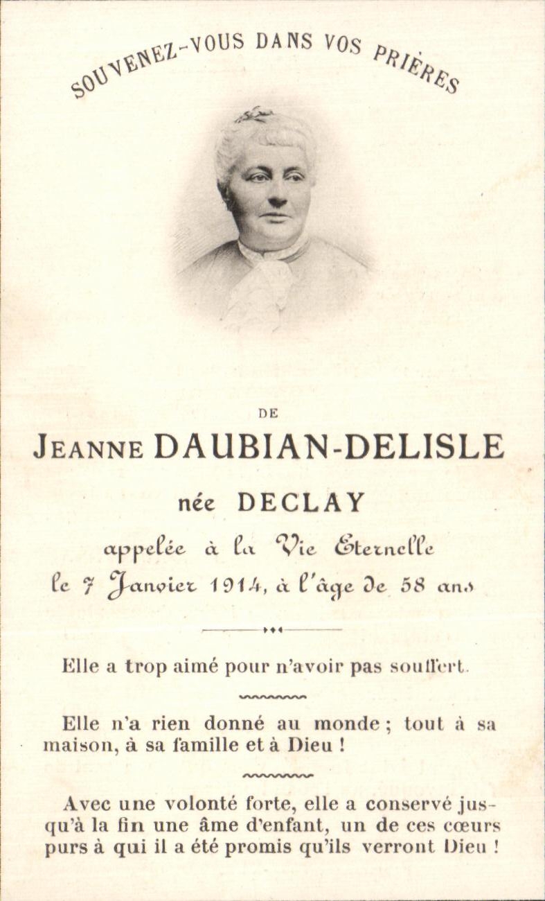Holy picture Remember In Your Prayers Jeanne Daubian Delisle Declay
