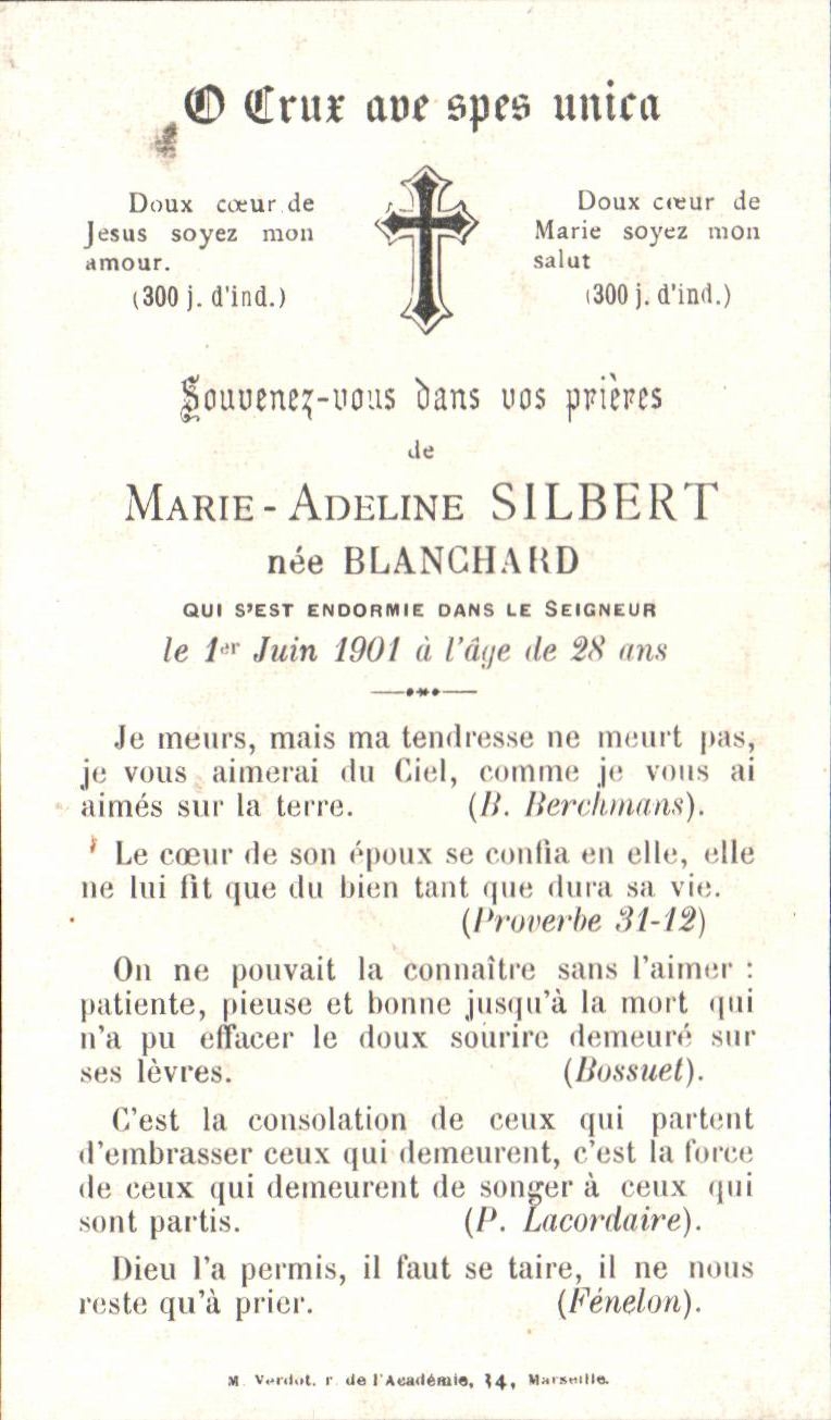 Holy picture Marie Adeline Silbert Blanchard