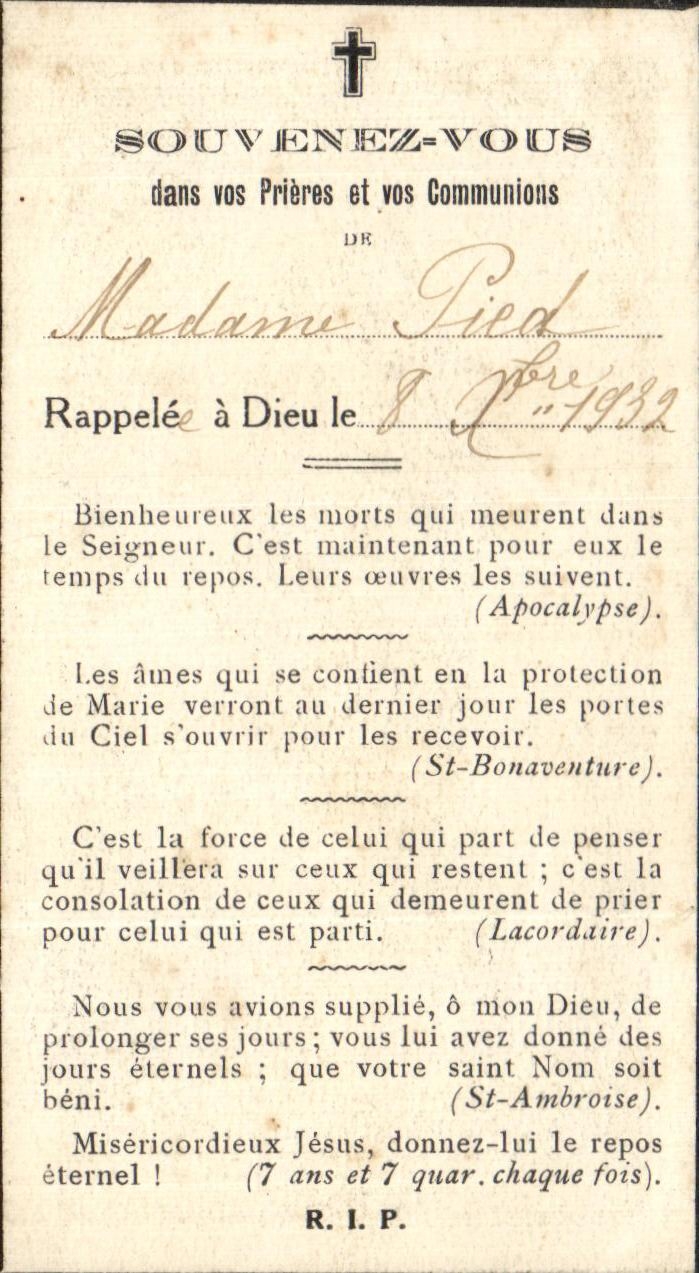 Holy picture Remember In your Prayers and Your Communions Mrs Pied