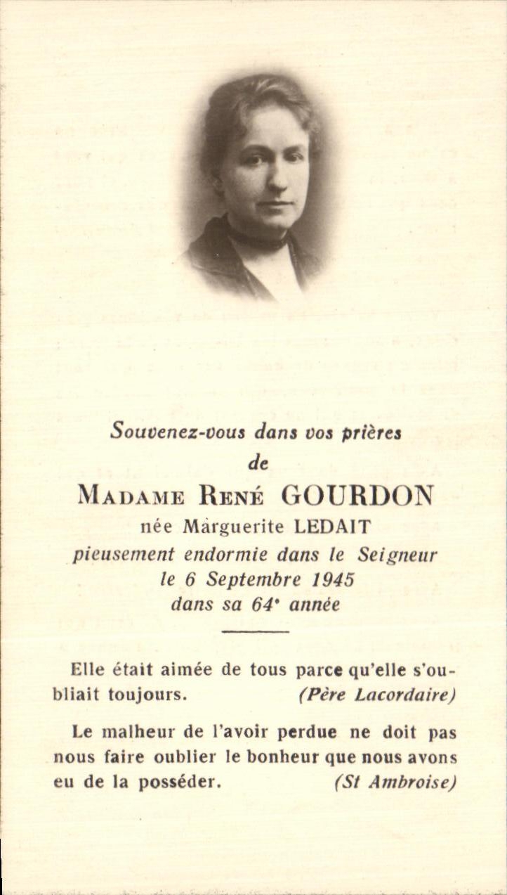 Holy picture Mrs Rene Gourdon Marguerite Ledait