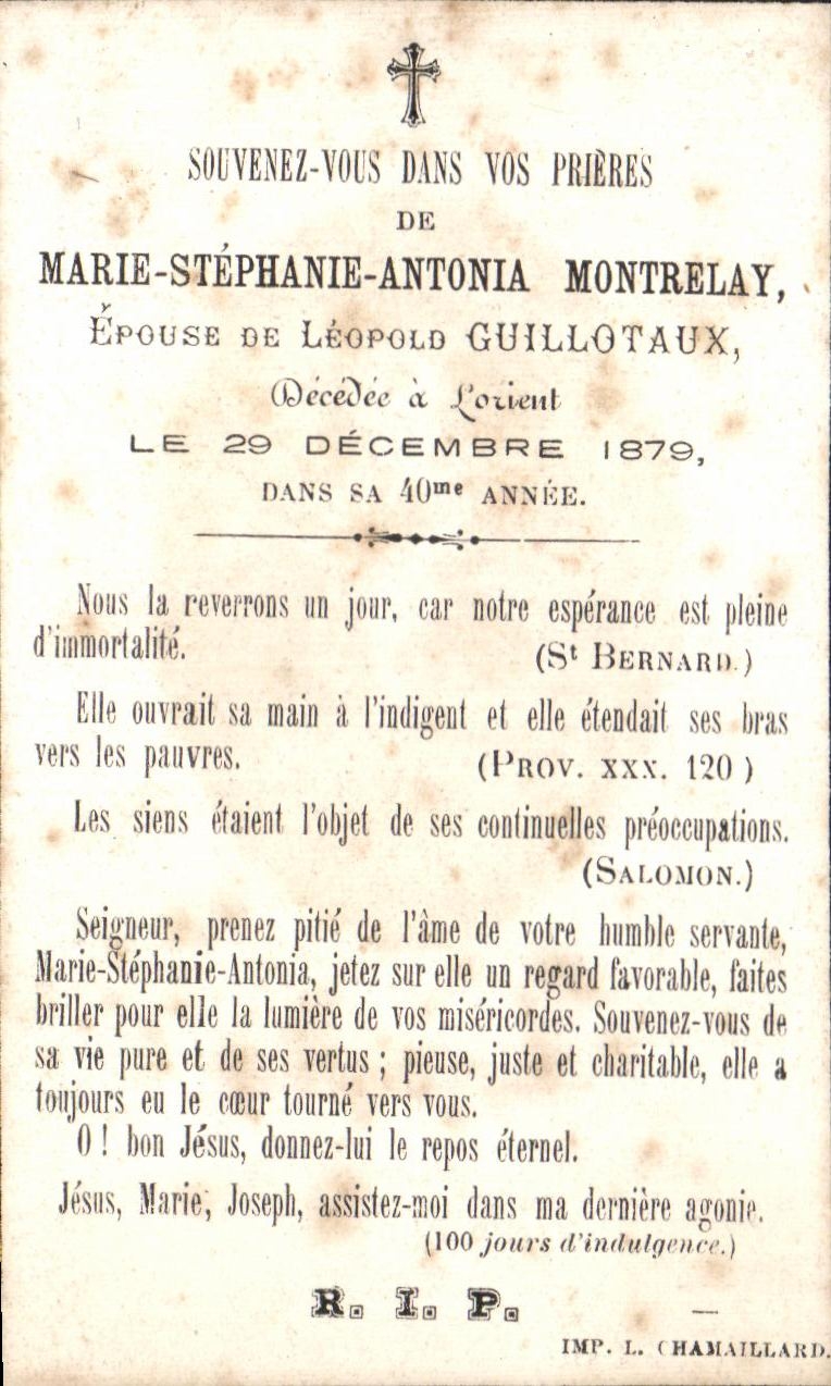 Holy picture Marie Stephan Antonia Montrelay Leopold Guillotaux Lorient