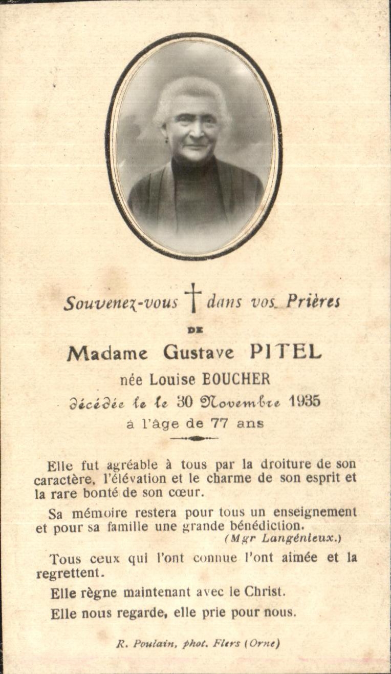 Holy picture Mrs Gustave Pitel Born Louise Butcher