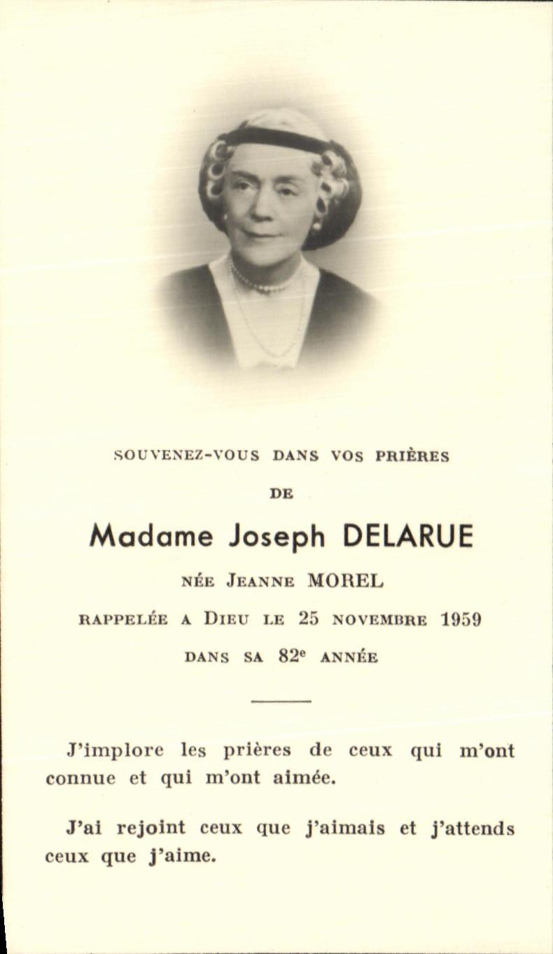 Holy picture Mrs Joseph Delarue Born Jeanne Morel