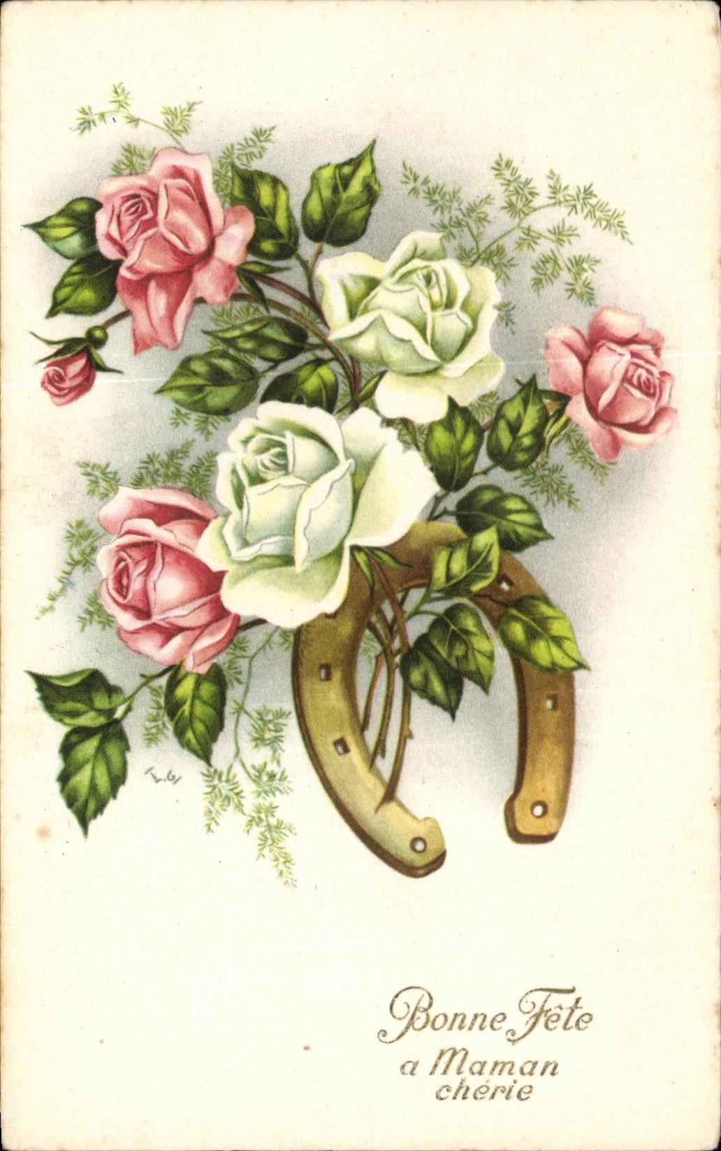 CPA Fantaisie Fleurs Roses Fer a cheval