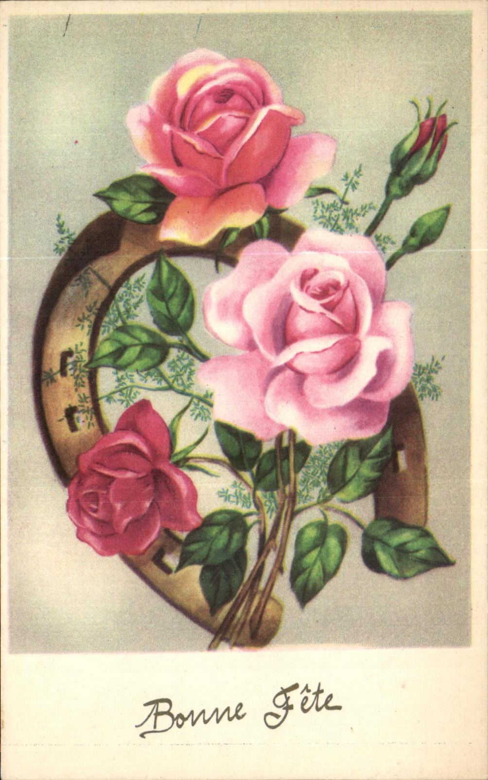 CPA Fantaisie Fleurs Bonne fete Fer a cheval