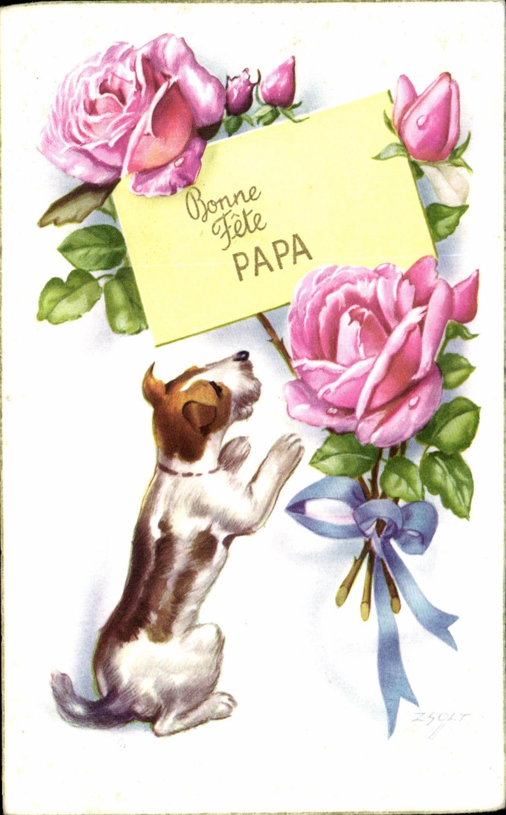 CPA Fantaisie Fleurs Roses Chien Bonne fete papa