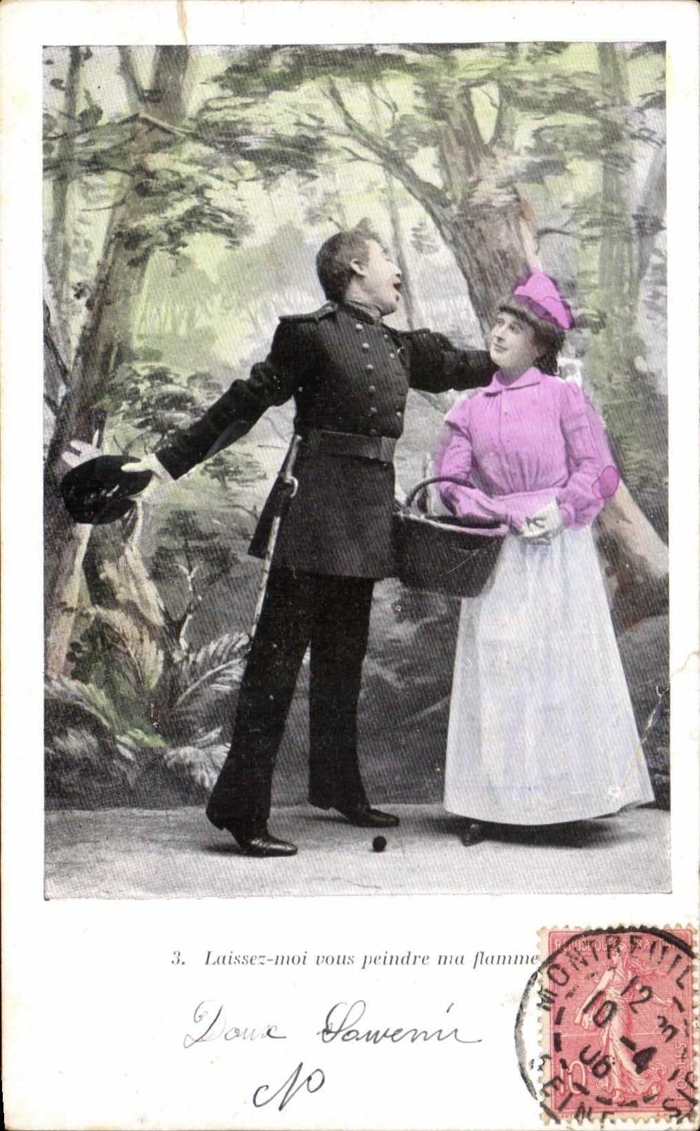 CPA Laisse moi vous Peindre ma Flamme Fantaisie Femme Militaria
