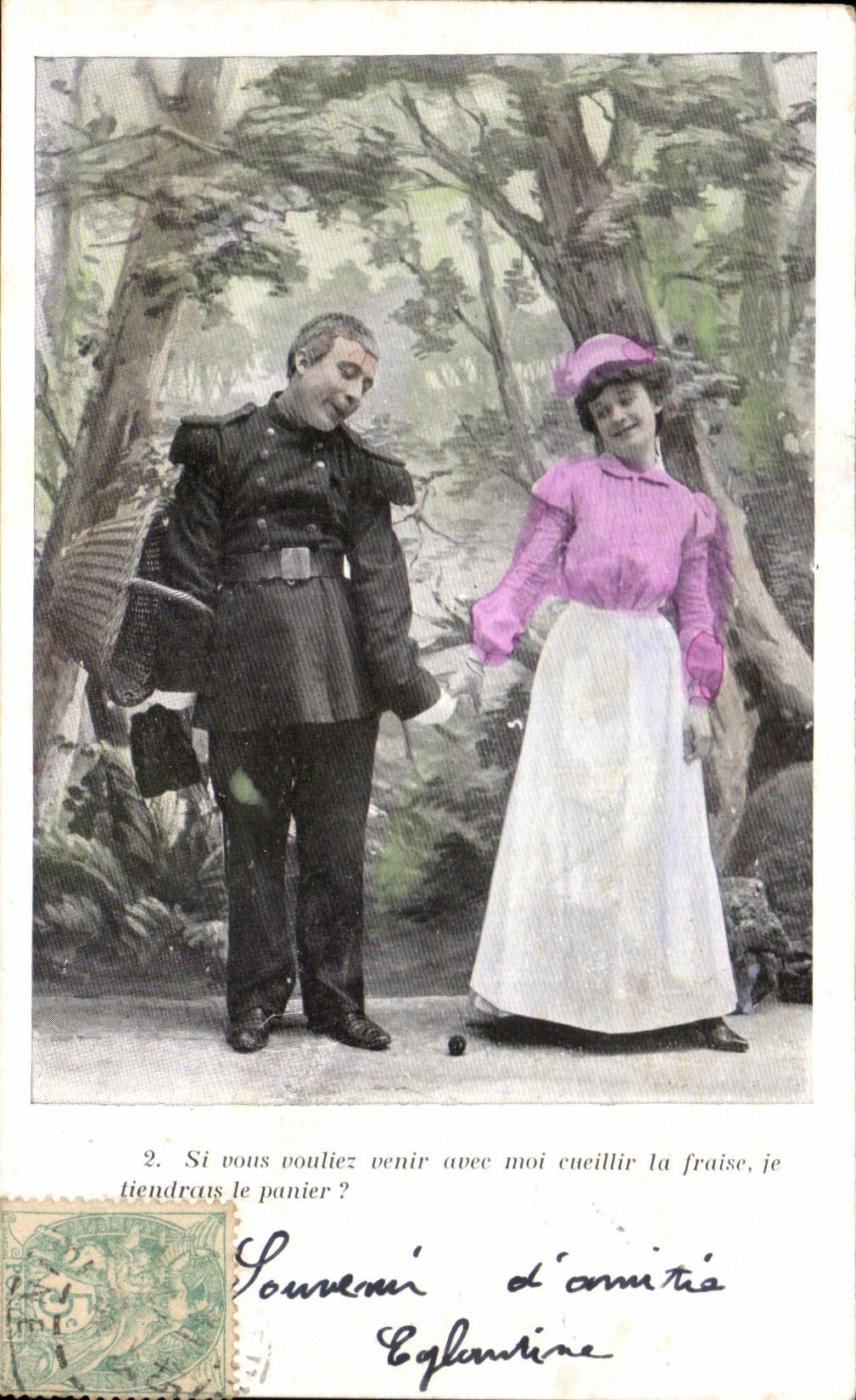 CPA Si Vous Vouliez avec moi cueillir la fraise je tiendrais le Panier Fantaisie Femme Militaria