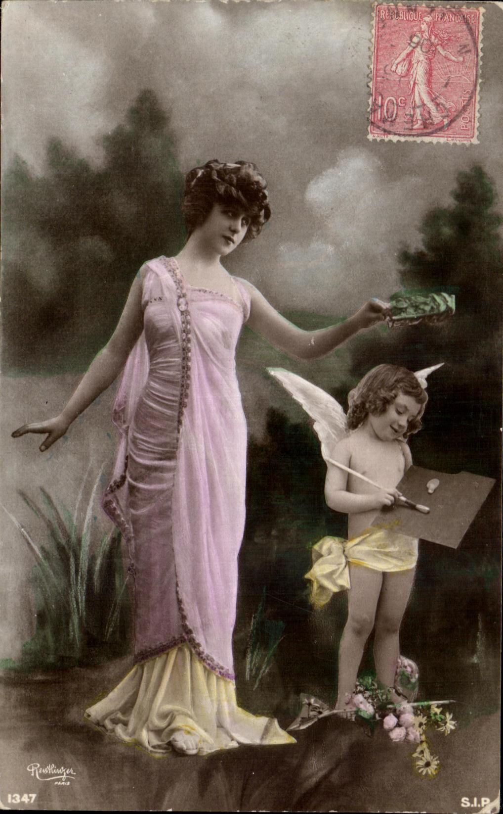 CPA Fantaisie Femme Ange Enfant