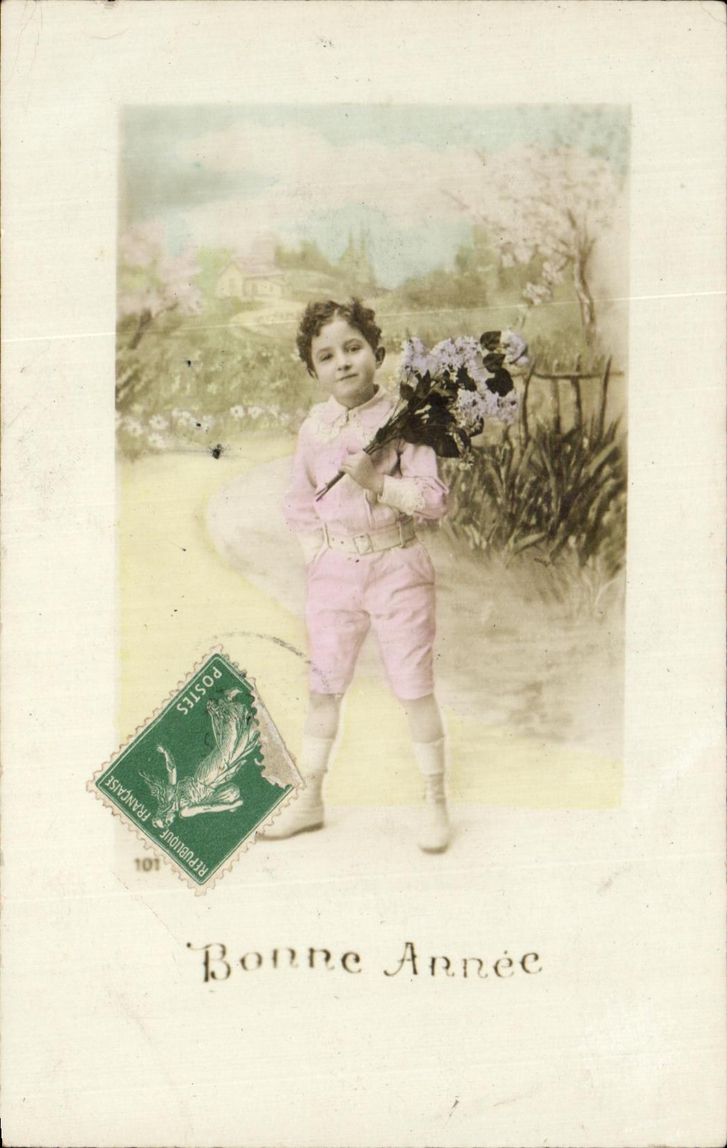 CPA Fantaisie Enfant Garcon Fleurs Bonne annee