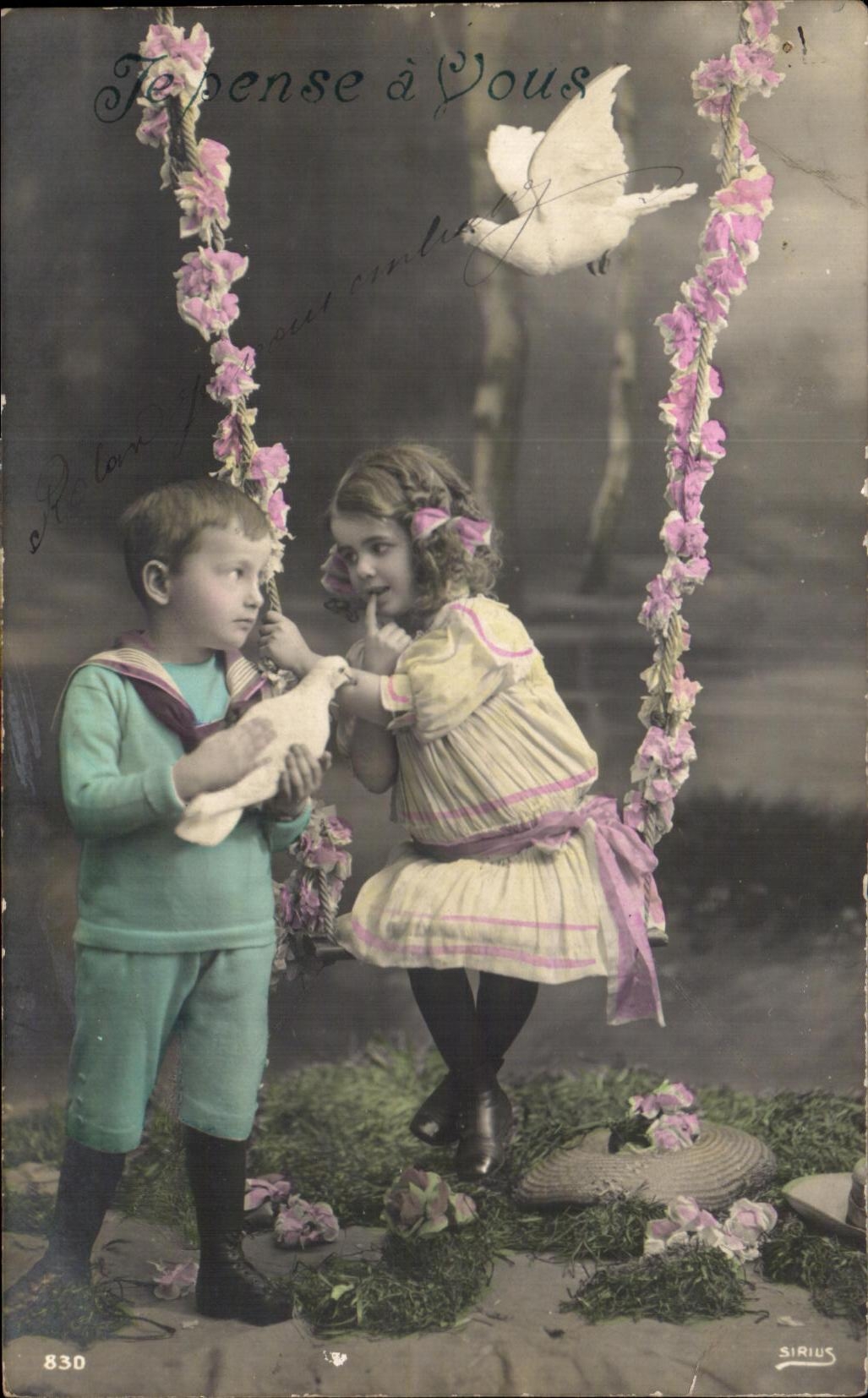 CPA Fantaisie Enfants Balancoire Fleurs Colombes 