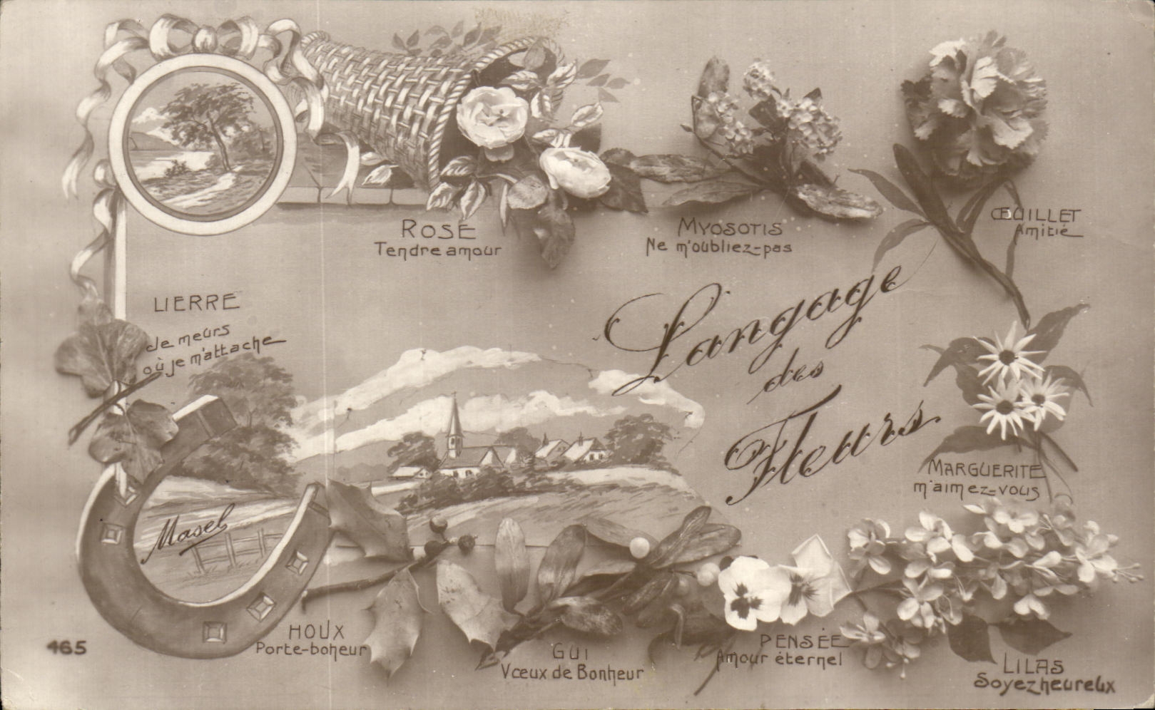 CPA Fantaisie langage des fleurs Fere a cheval Rose Myosotis Oeuillet Houx Gui Lilas 