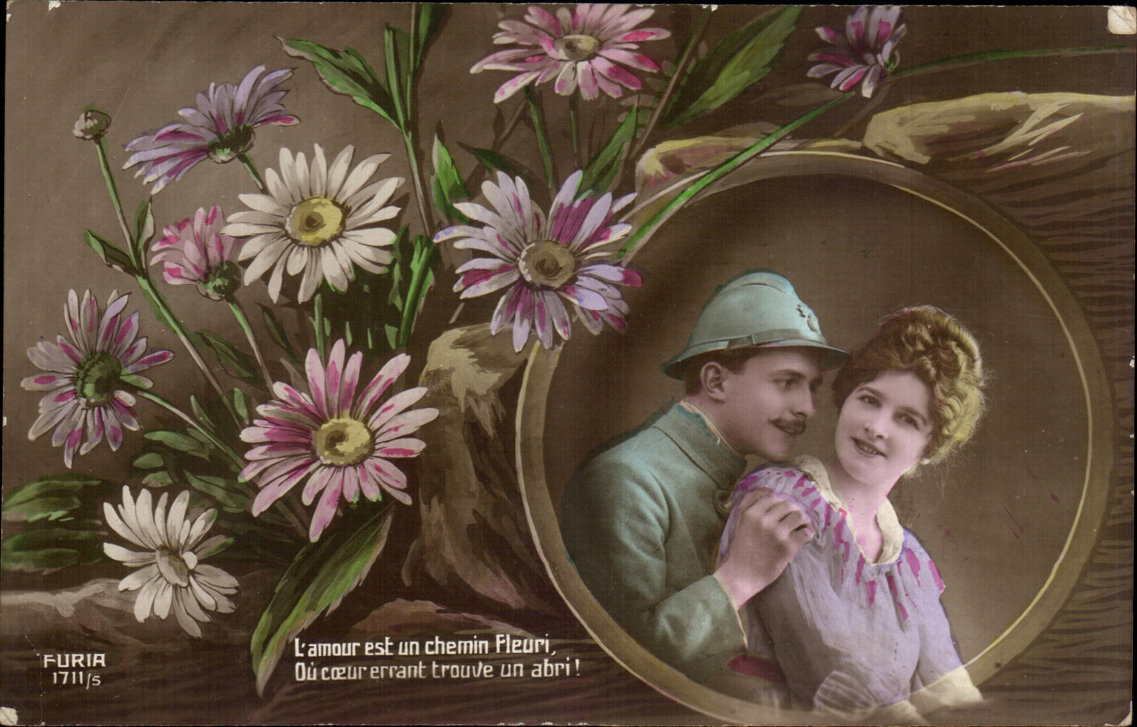 CPA Fantaisie Femme Fleurs Militaria 