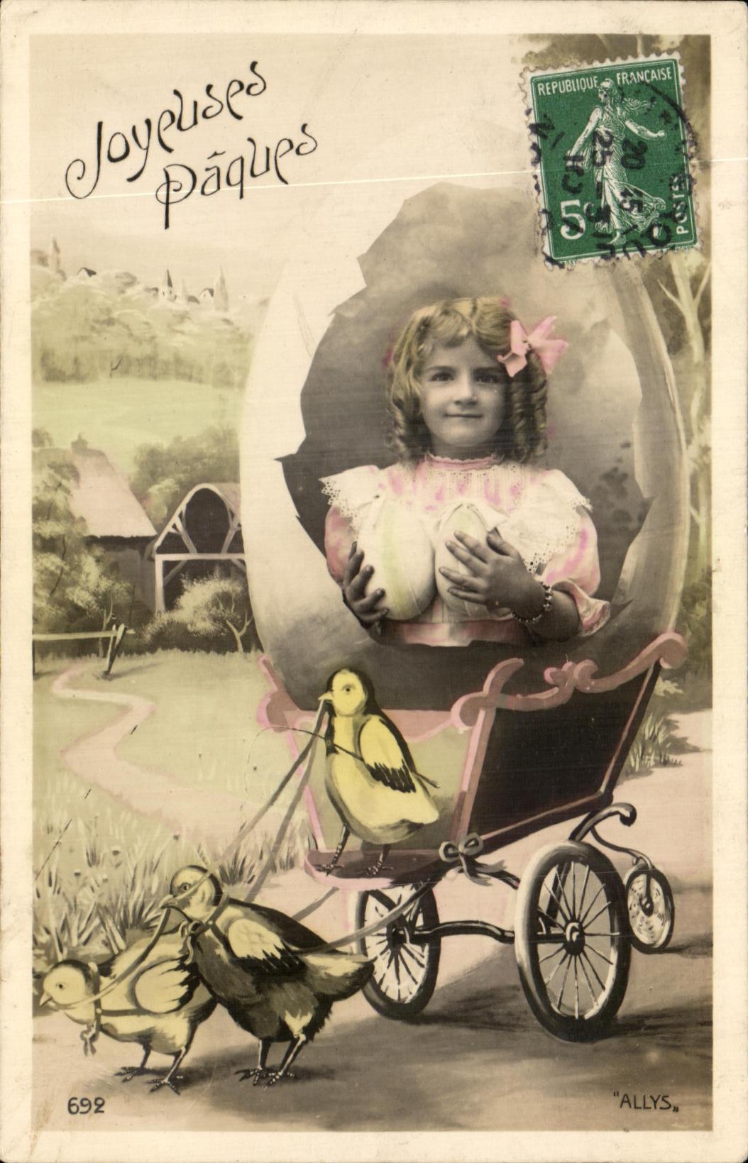 CPA Fantaisie Enfant Oeuf Poussette Paques