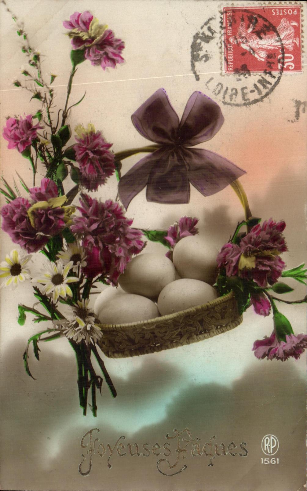 CPA Fantaisie Fleurs Paques oeufs