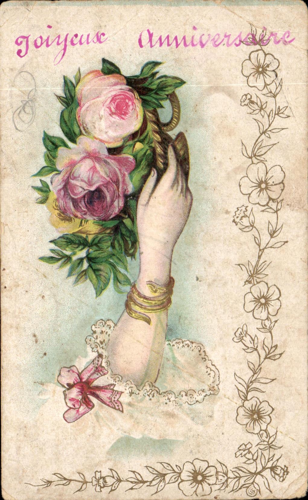 CPA Fantaisie Fleurs Main Anniversaire
