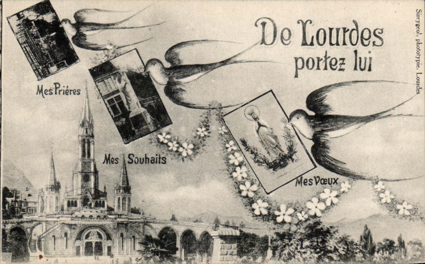 CPA Lourdes Portez Lui mes souhaits mes voeux Hirondelles 
