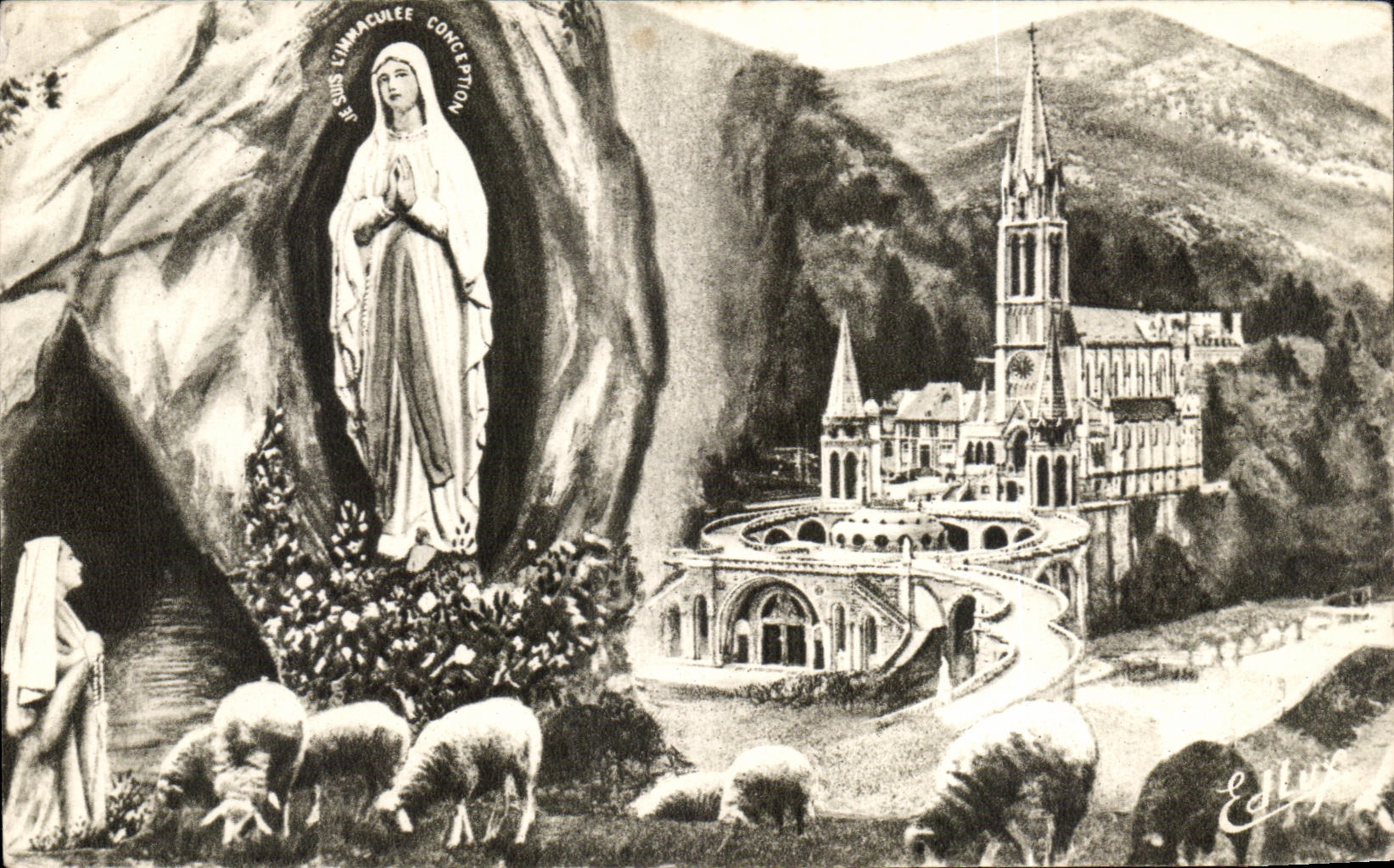 CPA Lourdes La Basilique et l'Apparition Moutons