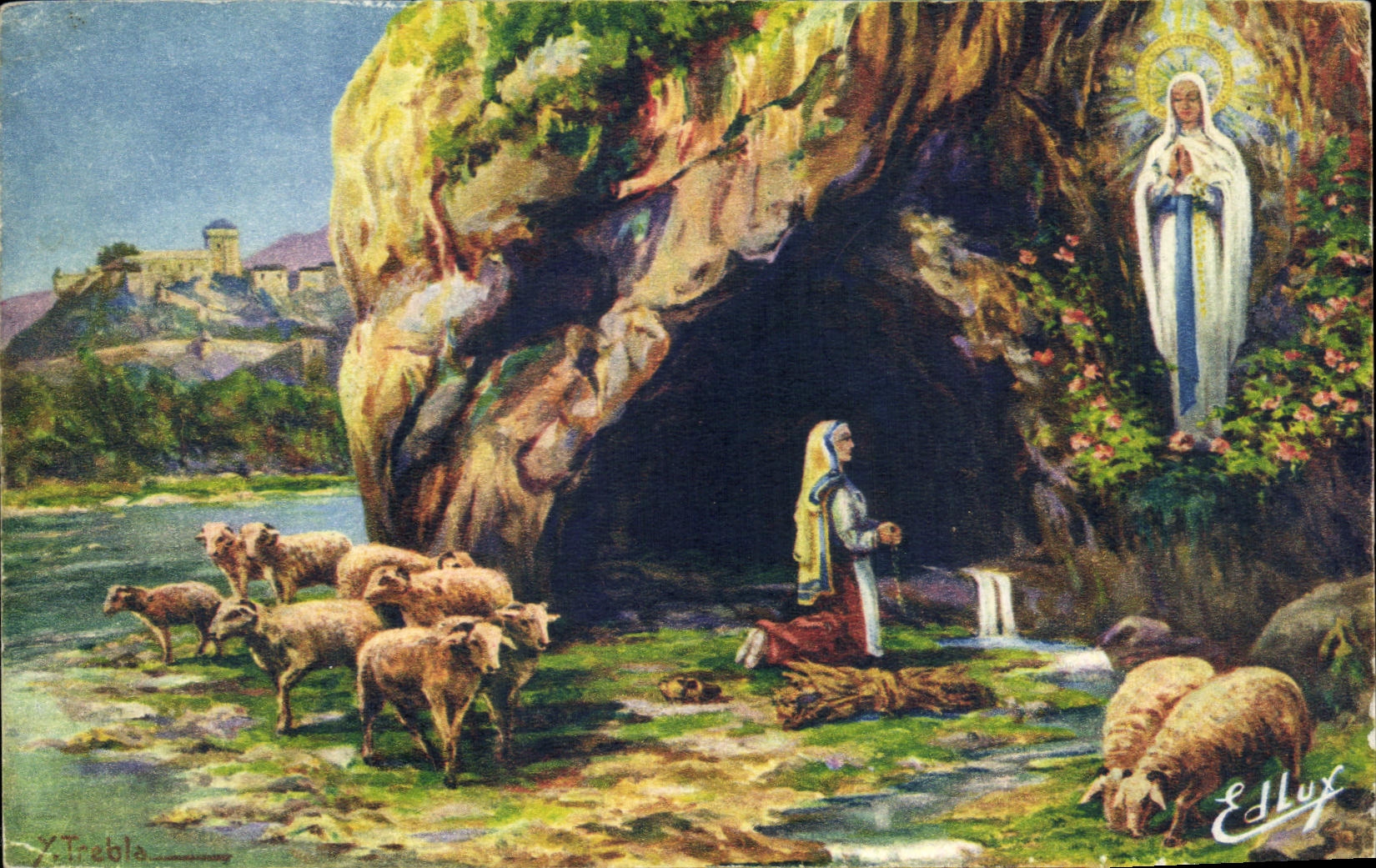 CPA Lourdes L'Appartion Reconsitution des lieux tels qu'ils etaient en 1858 Moutons 