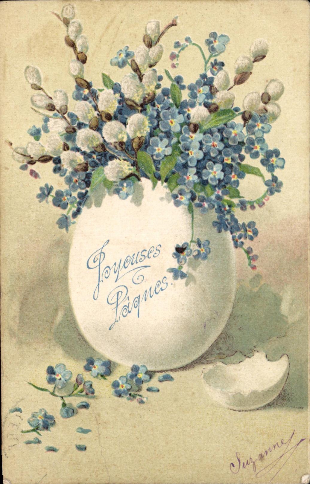 CPA Fantaisie Fleurs oeufs Joyeuses Paques 