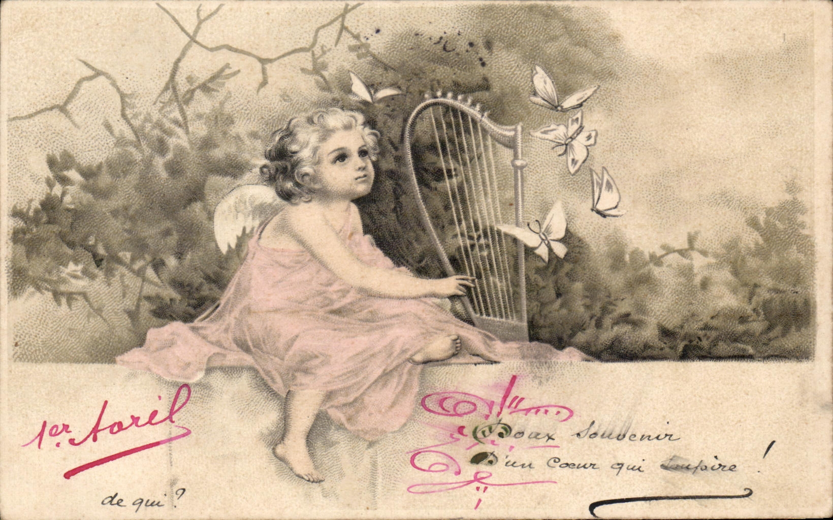 CPA Fantaisie Enfant Harpe papillons 