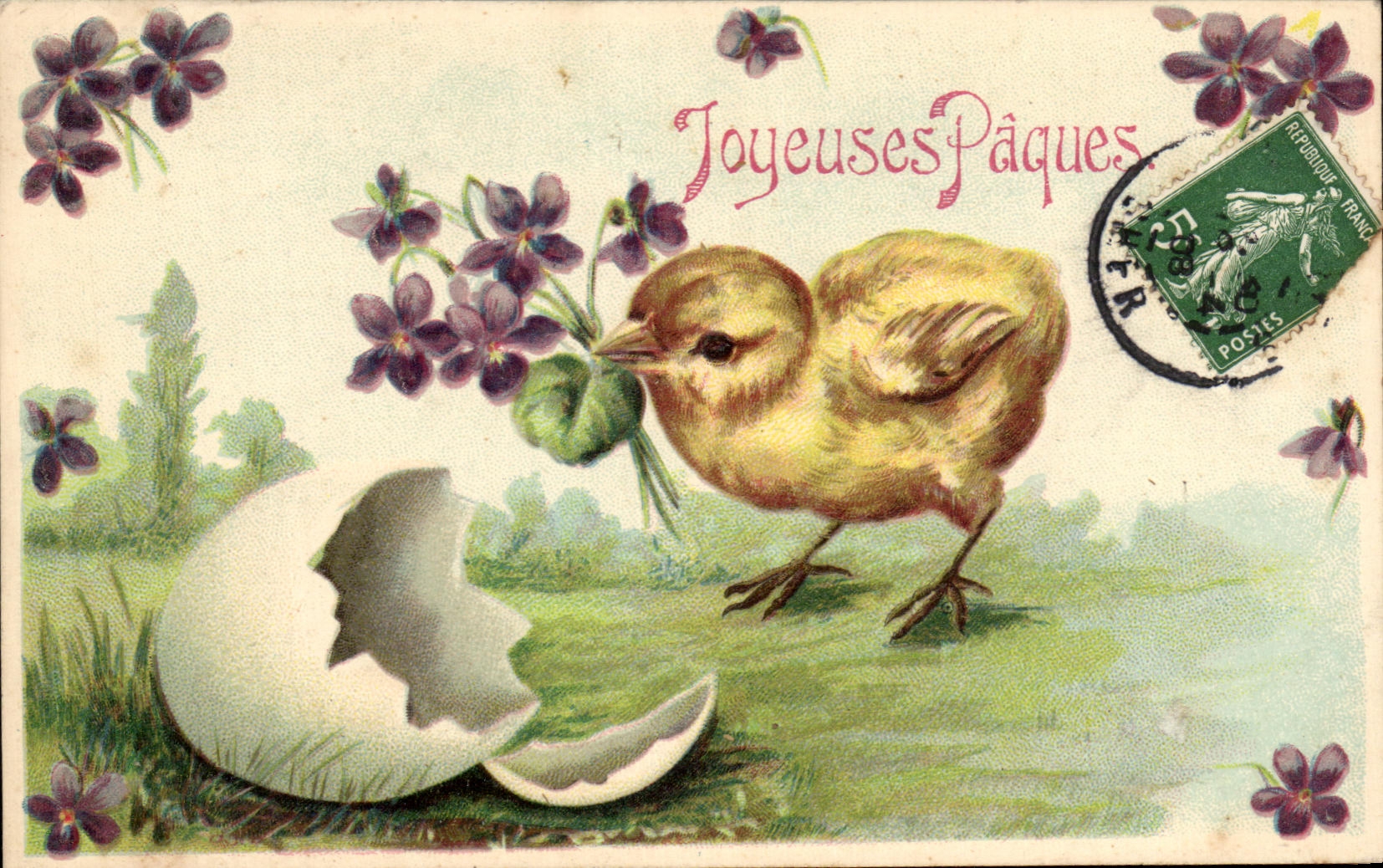 CPA Fantaisie Fleurs Poussins Paques Oeuf