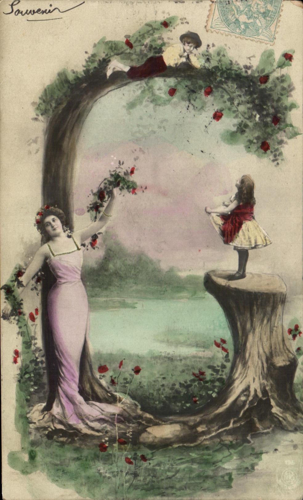 CPA Fantaisie Fleurs Femme Enfant Lettre C 