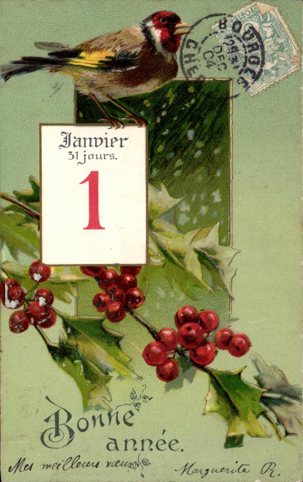 CPA Fantaisie Fleurs Oiseau Bonne annee