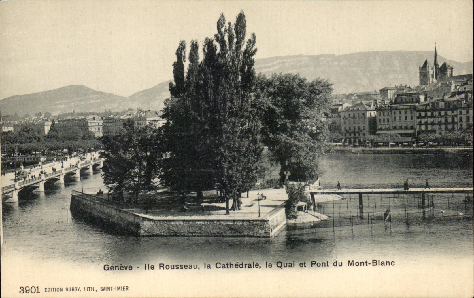 CPA Geneva Rousseau the Cathedral the Quay and bridge of the Mount Blanc