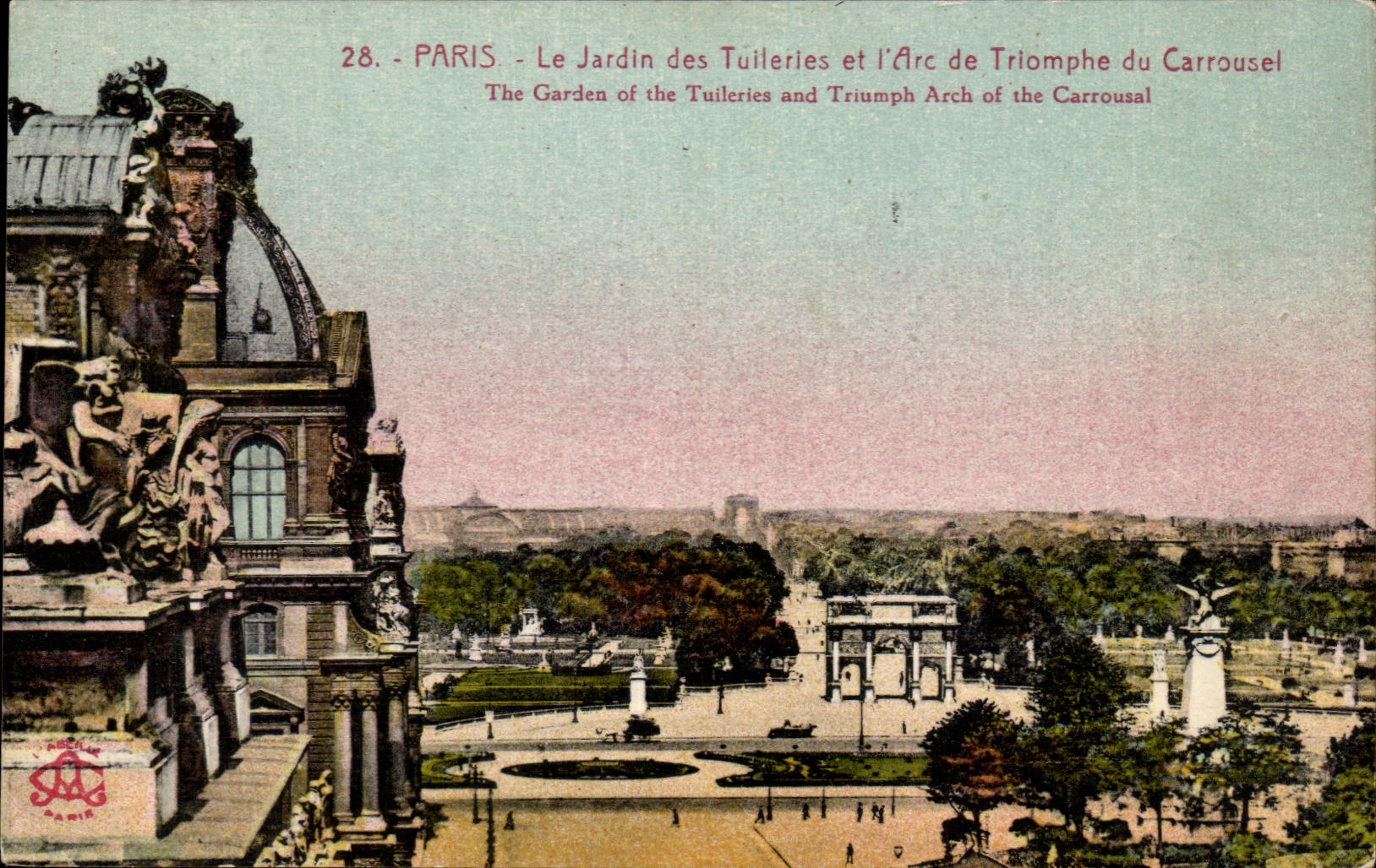 CPA Paris el jardin de tileries y Arc De Triomphe del carrusel del Louvre