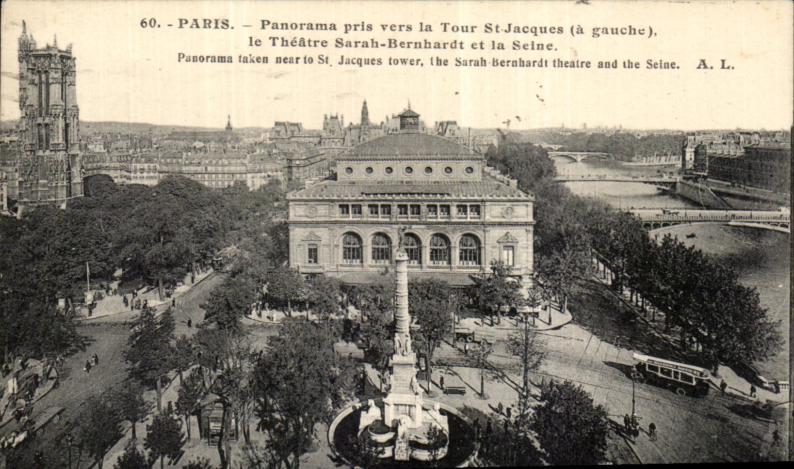 CPA Paris Panorama pris vers la Tour st jacques le theatre Sarah Bernhardt et la scine