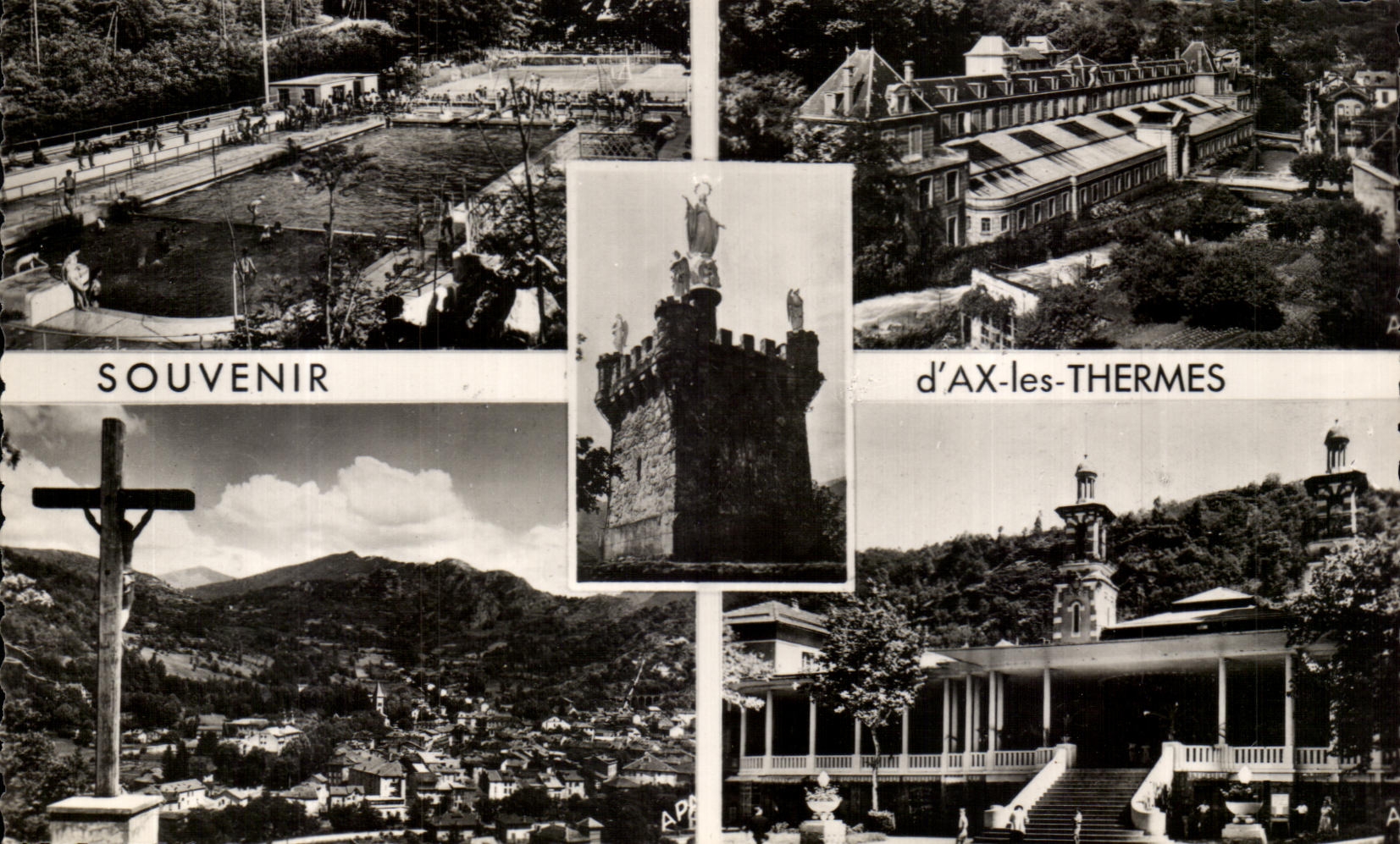 CPA Ax Les Thermes La Piscine L'Etablissement La Vierge d'Ax Vue generale Le casino