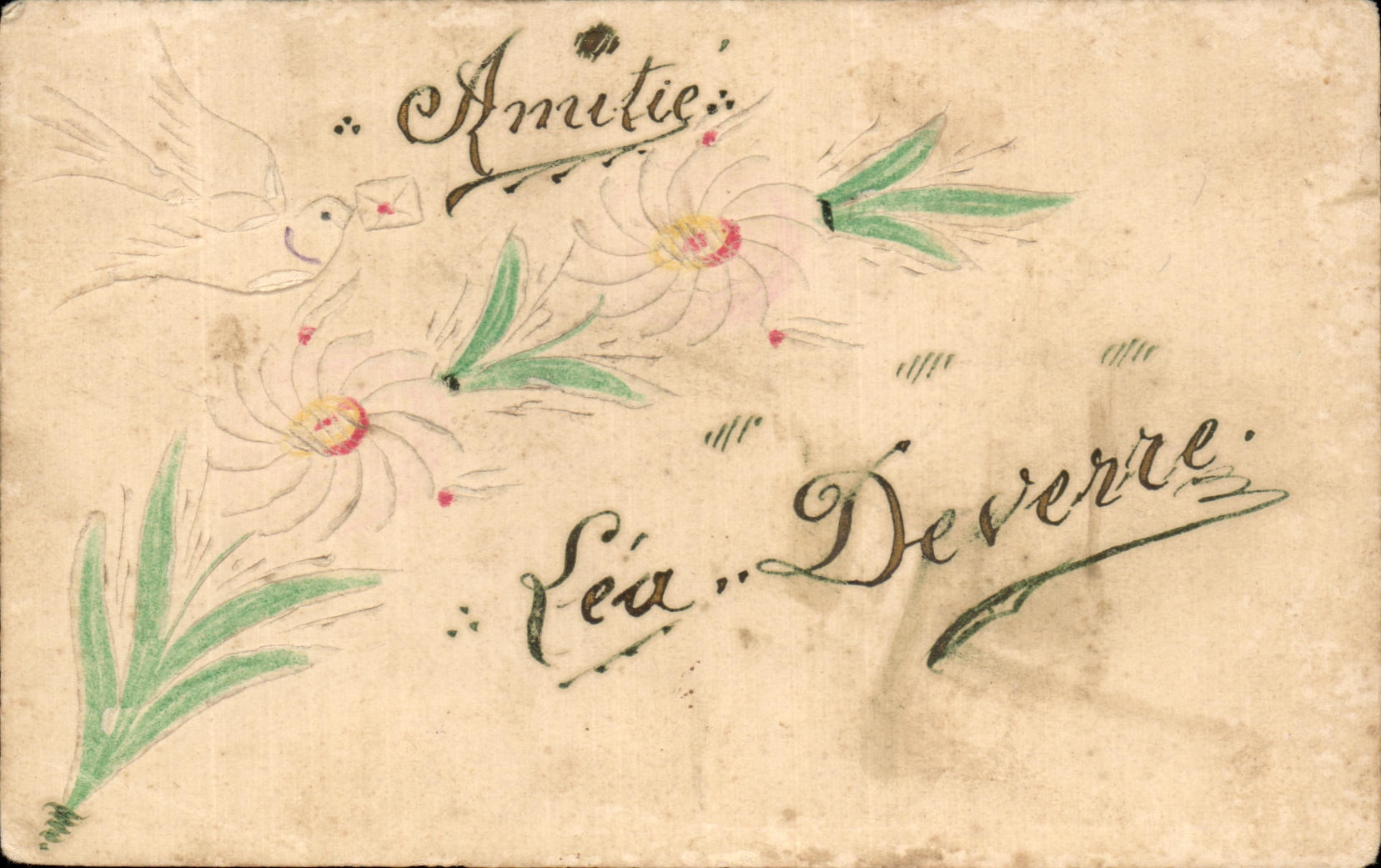 CPA Fantasy Dove Flowers Friendship Lea Deverre