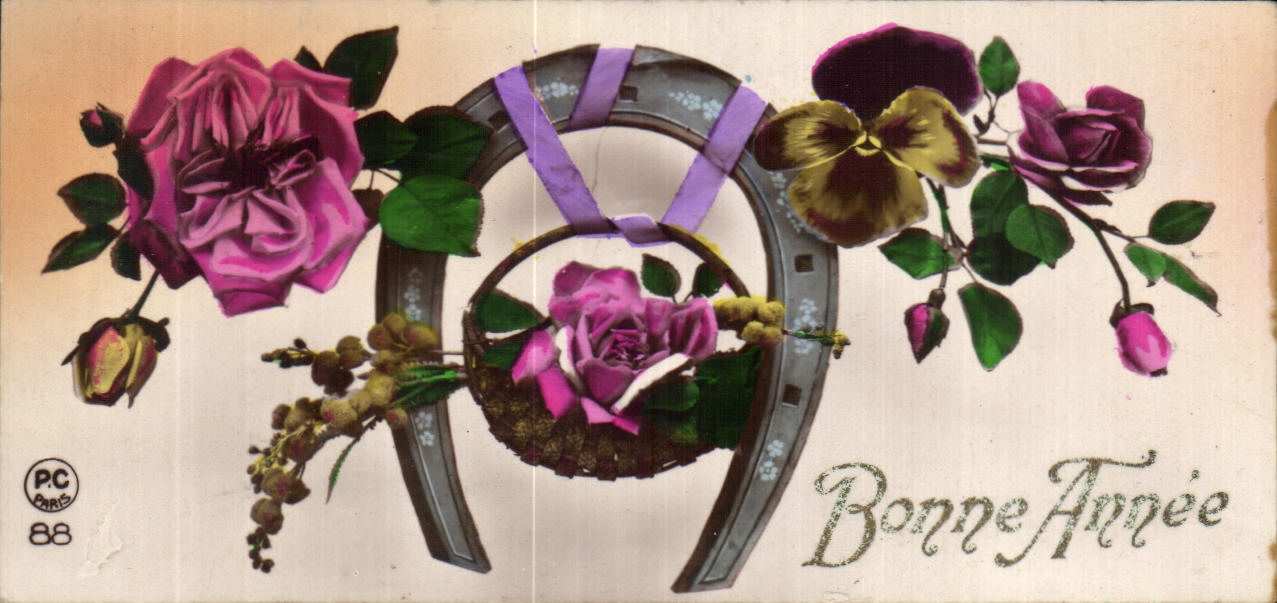 CPA Fantaisie Fleurs Bonne Annee Fer a cheval