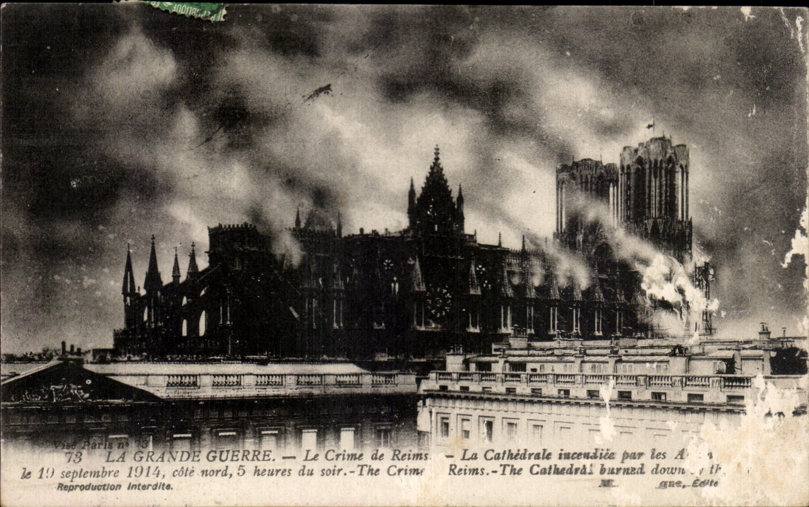 CPA the Great War the Crime of Rheims the Cathedral inceusice by