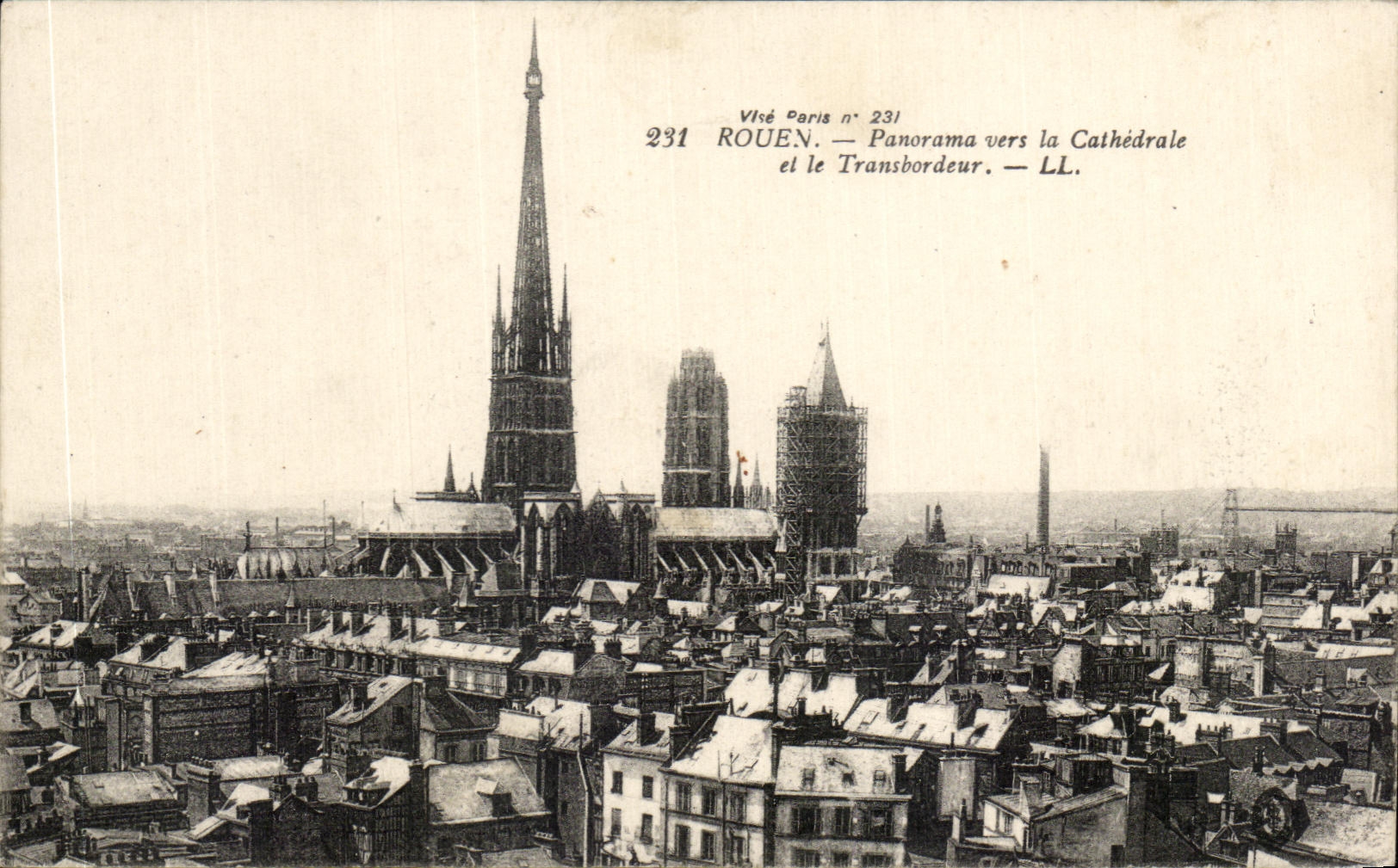 CPA Rouen Panarama towards the Cathedral and the Transporter