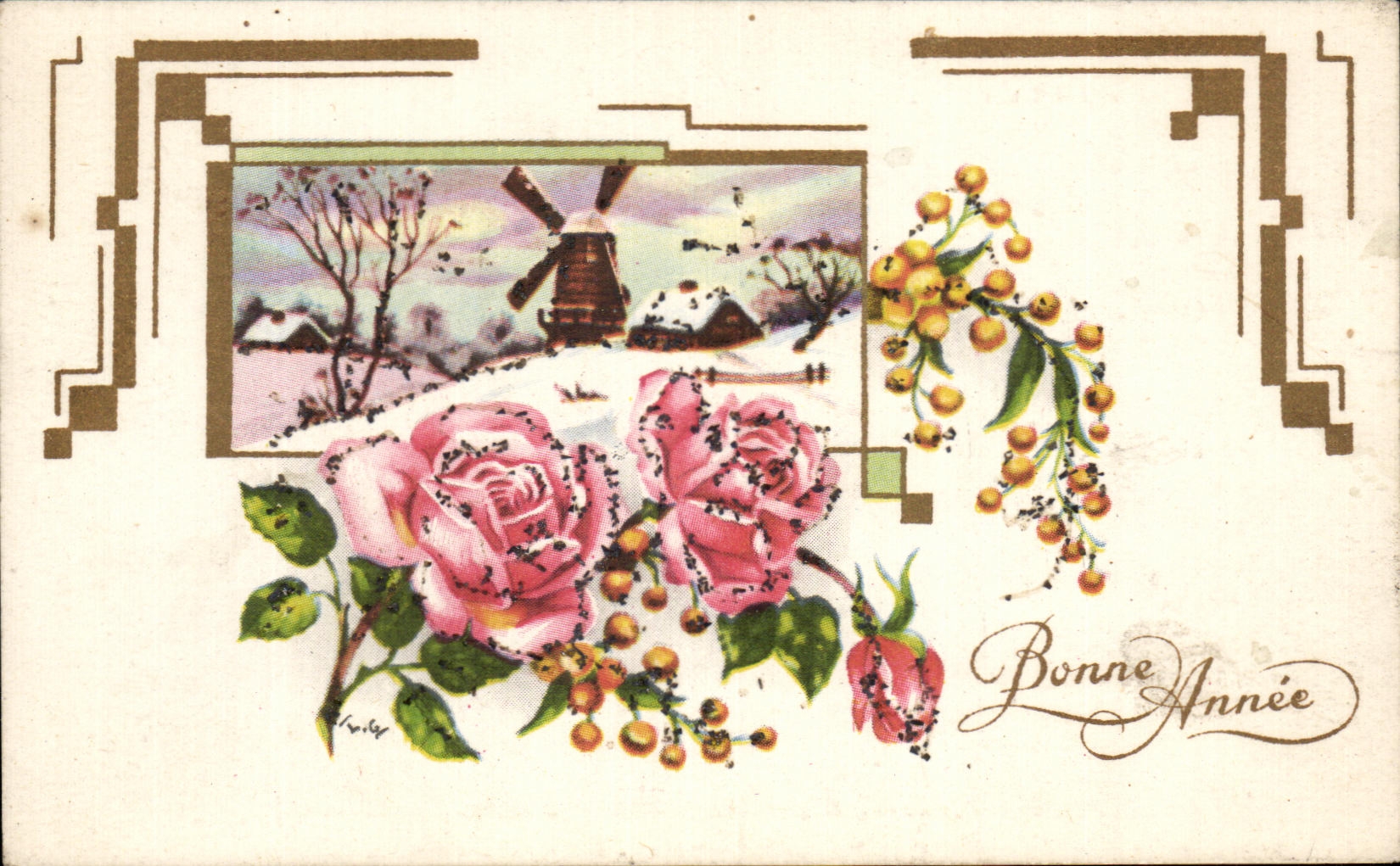 CPA Fantaisie fleurs Moulin Bonne Annee