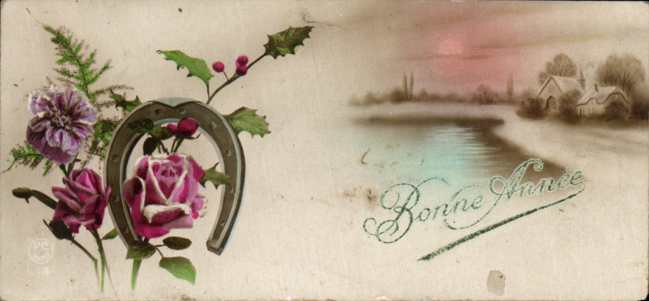 CPA Fantaisie fleurs Fer a cheval Bonne Annee