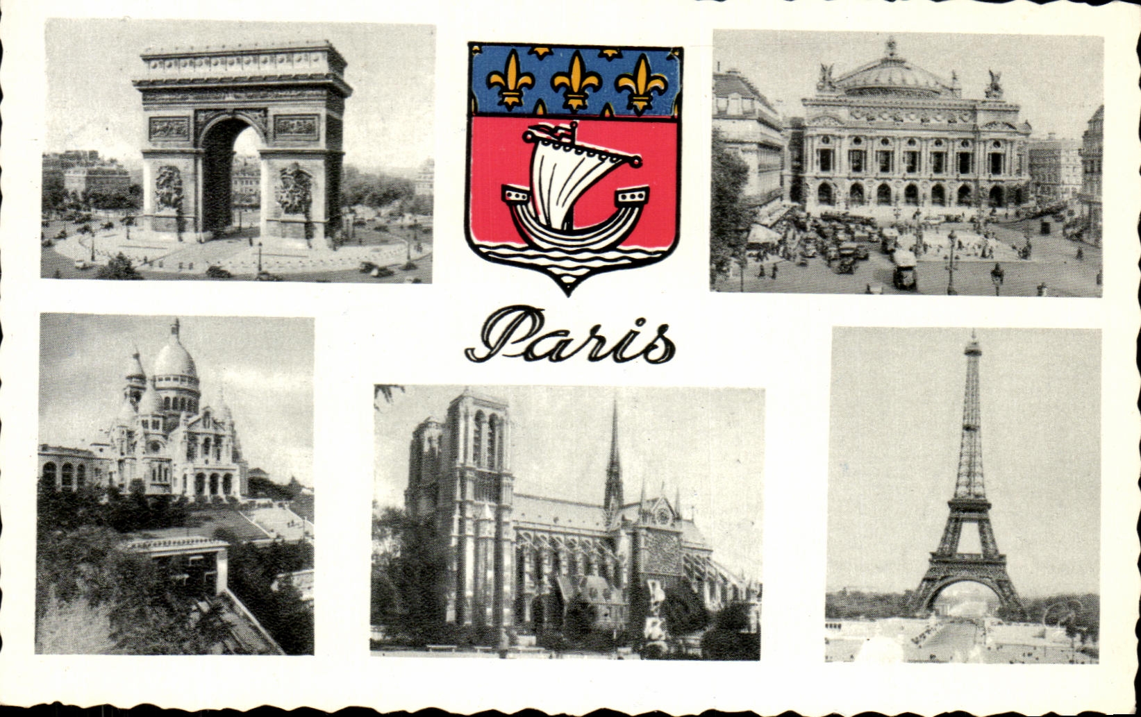 CPA Paris Tour Eiffel Arc de TRiomphe Sacre Coeur Opera Notre Dame