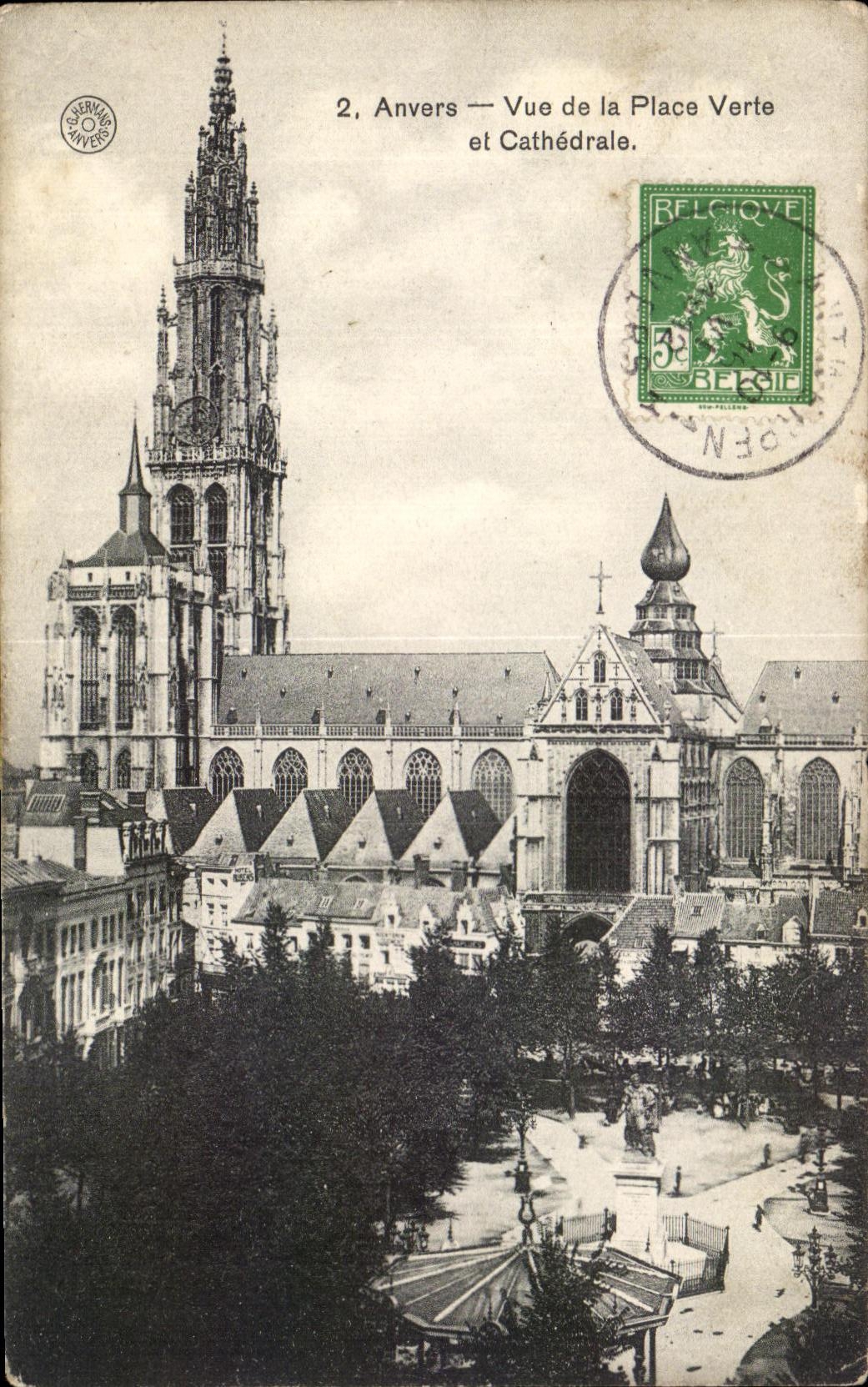 CPA Amberes vista del lugar y de la catedral verdes