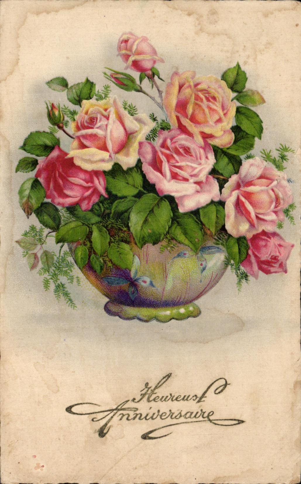 CPA Heureux Anniversaire Fantaisie Fleurs 
