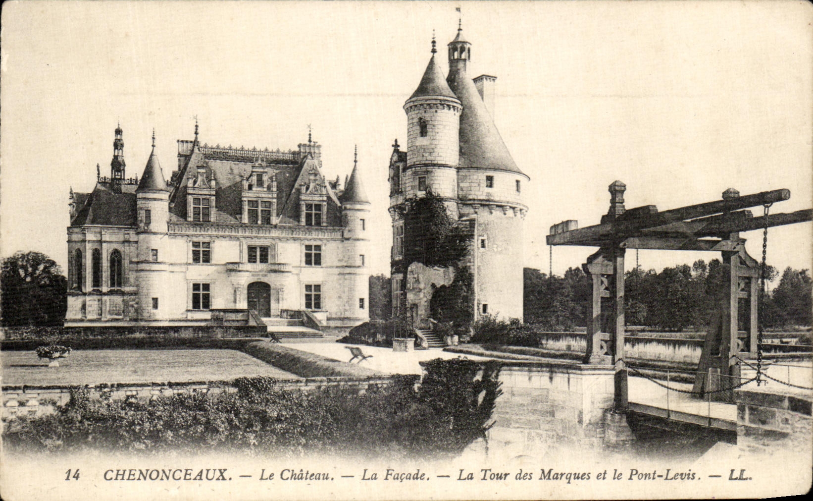CPA Chenonceaux el castillo el ataque frontal la torre de las marcas y el Levis tienden un puente sobre